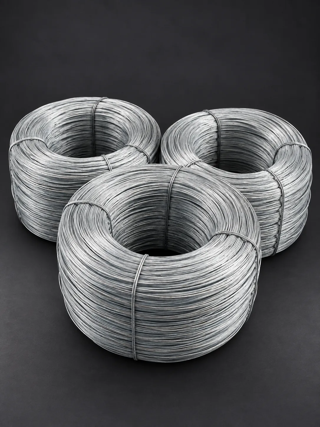 Composición de tres rollos de alambre galvanizado sobre fondo grafito.